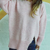 Slit Pearl Trim Round Neck Long Sleeve Sweater