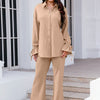 Drawstring Flounce Sleeve Shirt and Pants Set