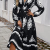 Devine Ruffled Printed Plunge Long Sleeve Dress