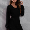 V-Neck Long Sleeve Rib-Knit Sweater Dress