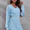 V-Neck Long Sleeve Rib-Knit Sweater Dress