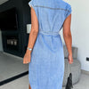 Collared Neck Cap Sleeve Denim Dress