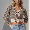 Double Take Full Size Striped Bow Decor Cropped Cardigan