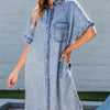 Pocketed Button Up Half Sleeve Denim Dress