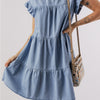 Ruffled Round Neck Cap Sleeve Denim Dress