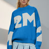 Basic Bae Contrast Letter Round Neck Long Sleeve Sweater