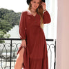 Plus Size Quarter Button V-Neck Long Sleeve Dress