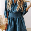 Smocked Half Button Three-Quarter Sleeve Mini Dress