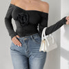 Perfee Ruched Flower Off-Shoulder Long Sleeve Bodysuit