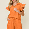 Double Take Full Size Texture Flounce Sleeve Top and Drawstring Shorts Set