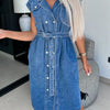 Collared Neck Cap Sleeve Denim Dress