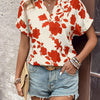 Flower Notched Short Sleeve Blouse