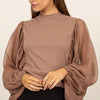 HYFVE Ruched Sheer Long Sleeve Mock Neck Blouse