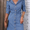 Ruched Button Up Long Sleeve Denim Dress