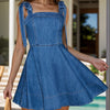 Square Neck Tie Shoulder Denim Dress