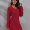 V-Neck Long Sleeve Rib-Knit Sweater Dress