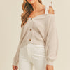 MABLE Off Shoulder Self Tie Strap Button Down Sweater