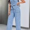 Tied Half Button Denim Jumpsuit with Pockets