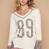 POL V-Neck Long Sleeve Floral Number Patch T-Shirt