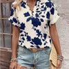 Flower Notched Short Sleeve Blouse